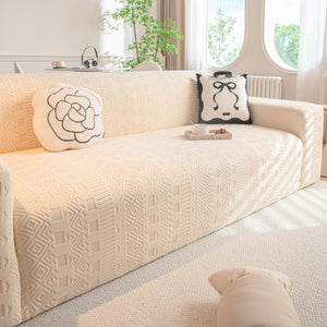 High Stretch Embossed Geometric Slipcover for Couch, Cozy Plush Fleece Couch Cover