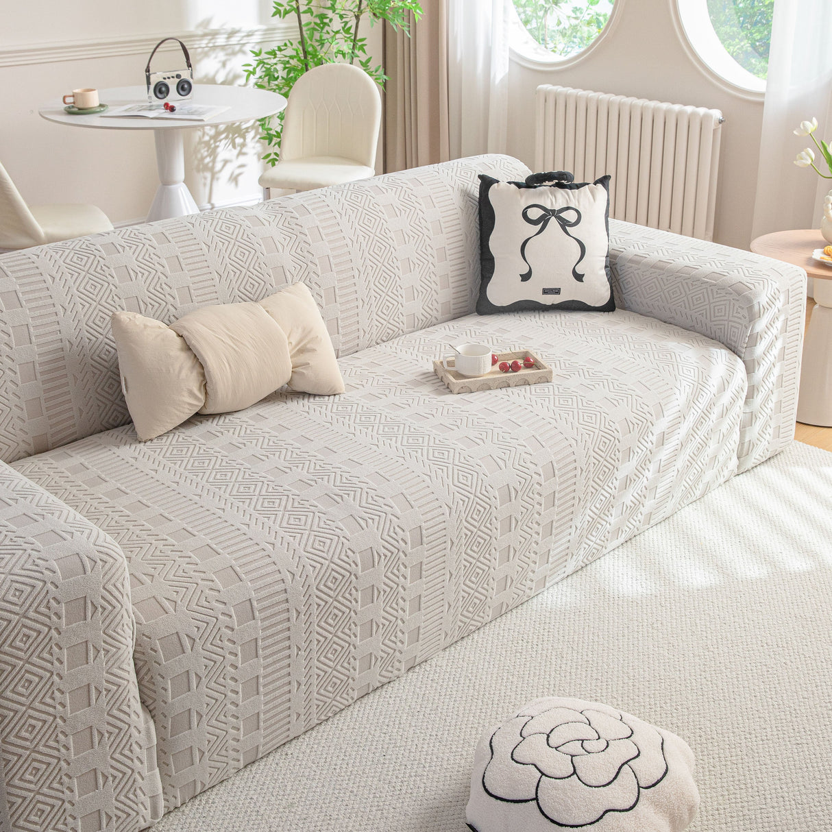 High Stretch Embossed Geometric Slipcover for Couch, Cozy Plush Fleece Couch Cover