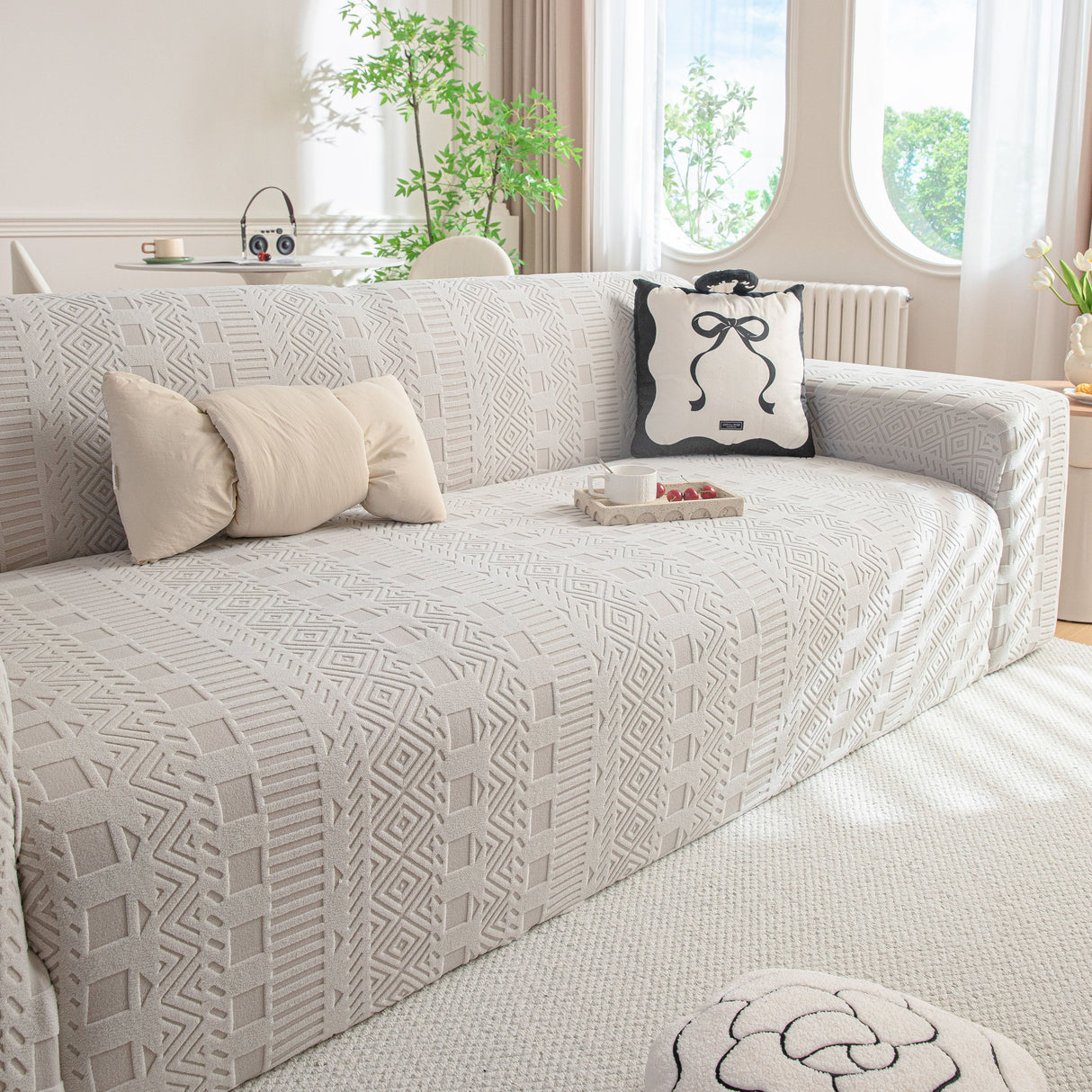 High Stretch Embossed Geometric Slipcover for Couch, Cozy Plush Fleece Couch Cover