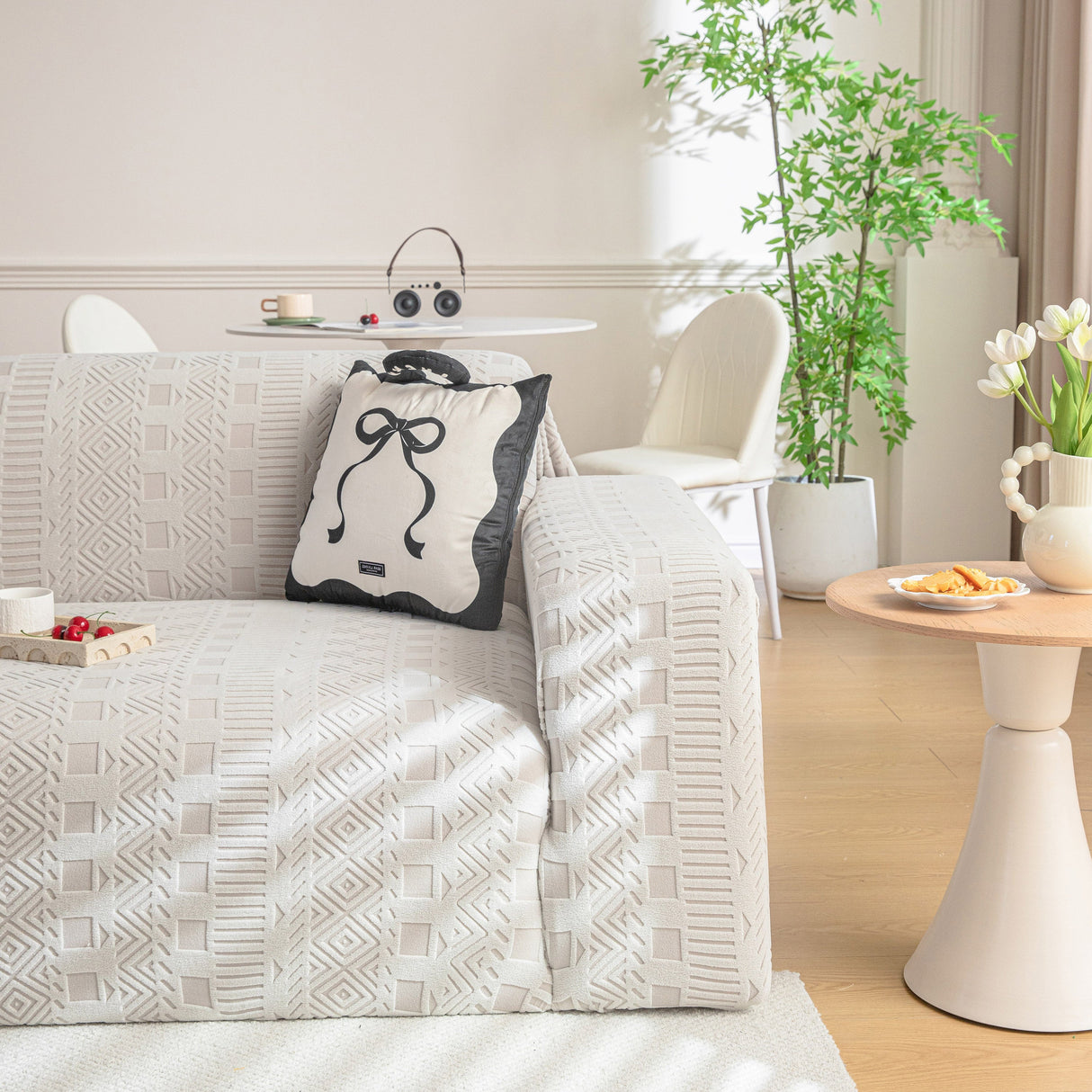 High Stretch Embossed Geometric Slipcover for Couch, Cozy Plush Fleece Couch Cover