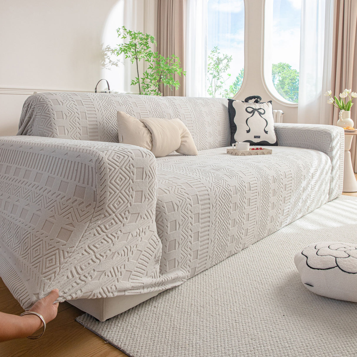 High Stretch Embossed Geometric Slipcover for Couch, Cozy Plush Fleece Couch Cover