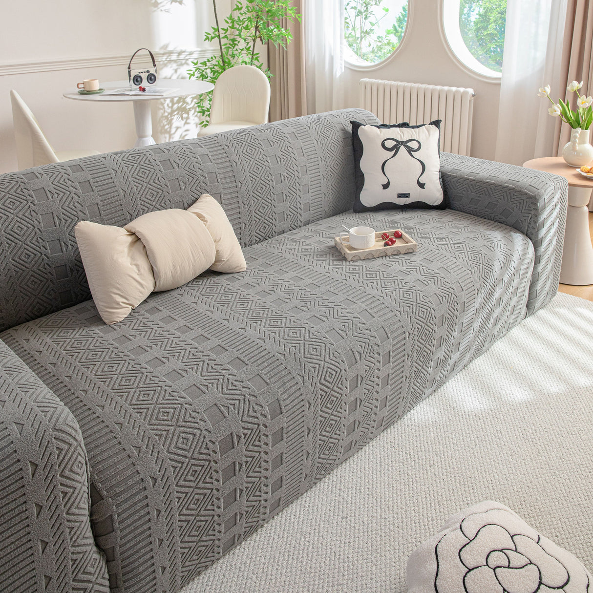 High Stretch Embossed Geometric Slipcover for Couch, Cozy Plush Fleece Couch Cover