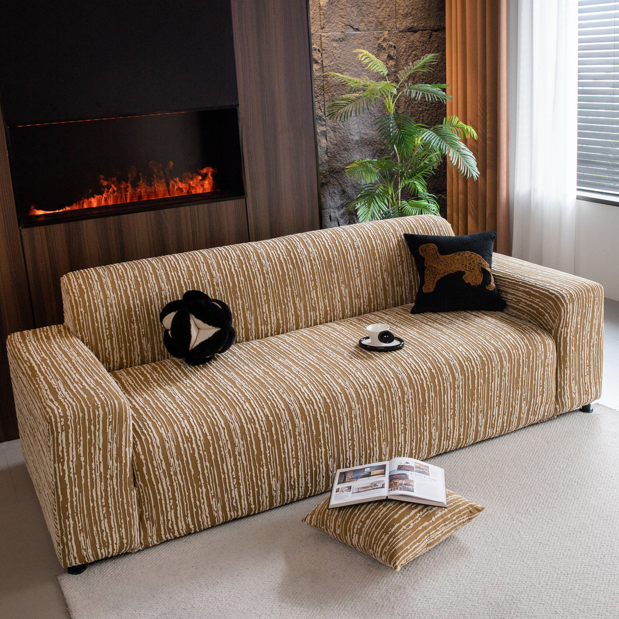 High Stretch Couch Slipcover with Abstract Stripe, Washable Non-Slip Cover for Dogs