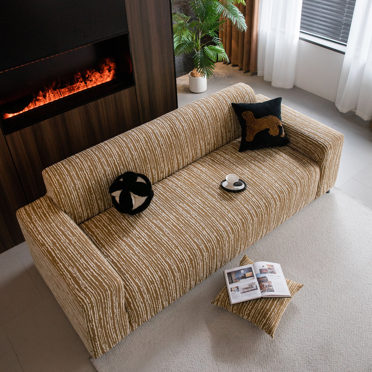 High Stretch Couch Slipcover with Abstract Stripe, Washable Non-Slip Cover for Dogs