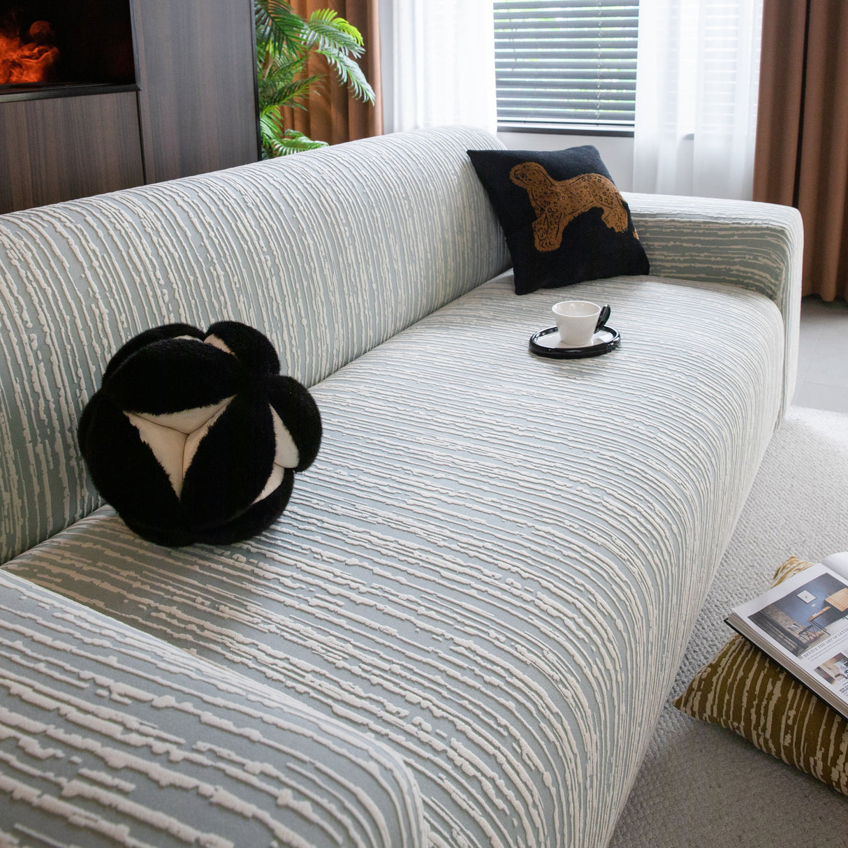 High Stretch Couch Slipcover with Abstract Stripe, Washable Non-Slip Cover for Dogs