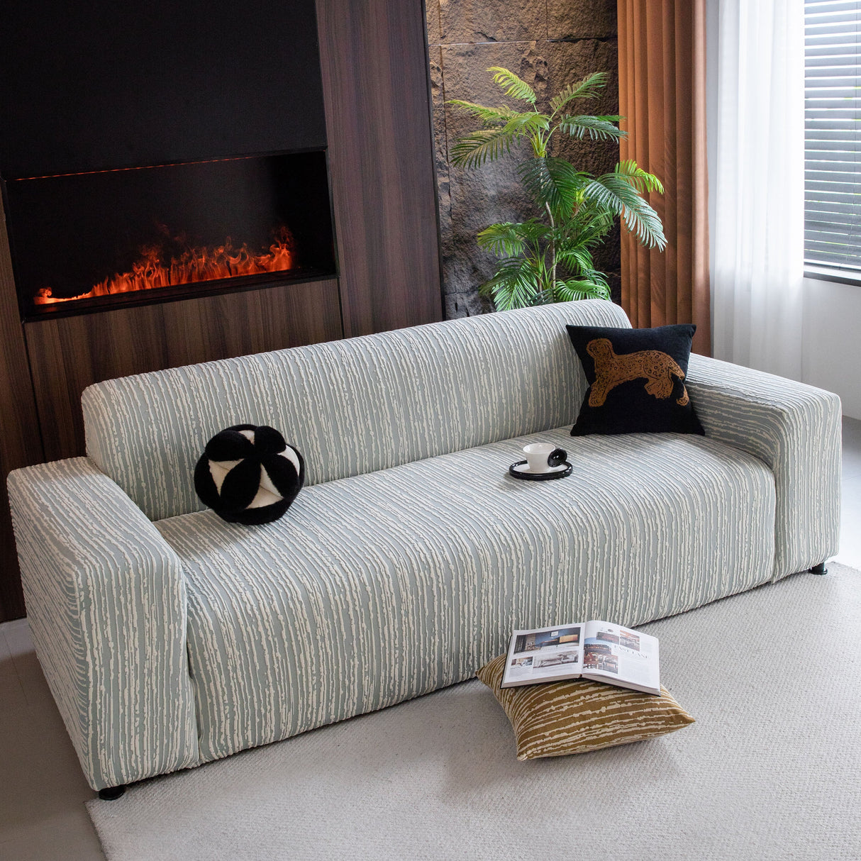 High Stretch Couch Slipcover with Abstract Stripe, Washable Non-Slip Cover for Dogs