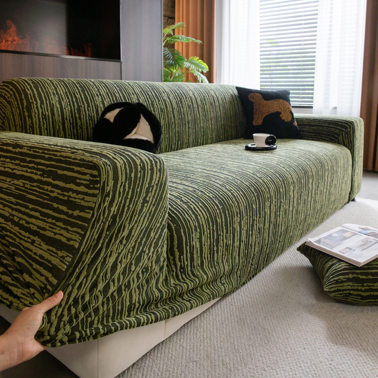 High Stretch Couch Slipcover with Abstract Stripe, Washable Non-Slip Cover for Dogs