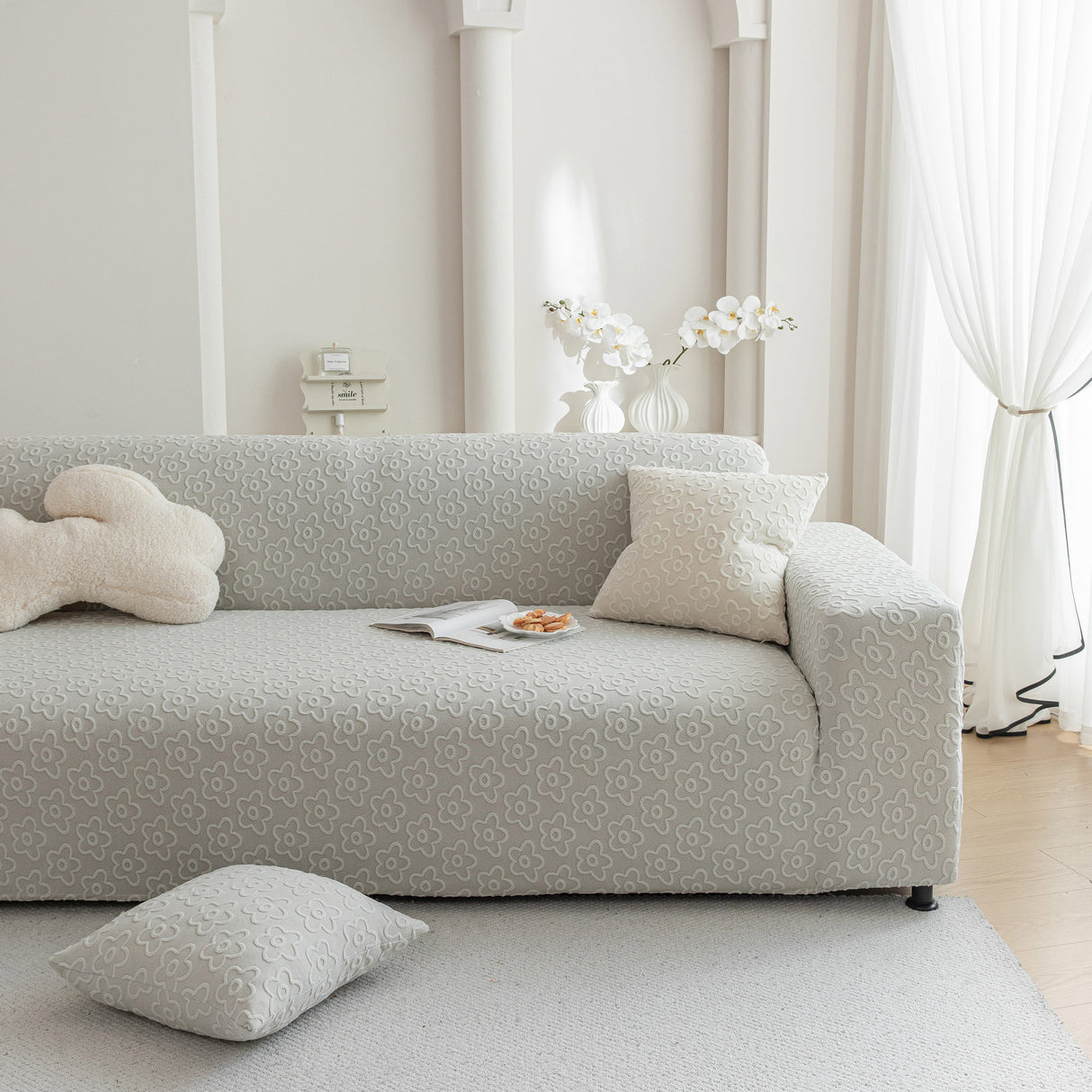 High Stretch Jacquard Sofa Slipcover, Soft Spandex Textured Floral Couch Cover