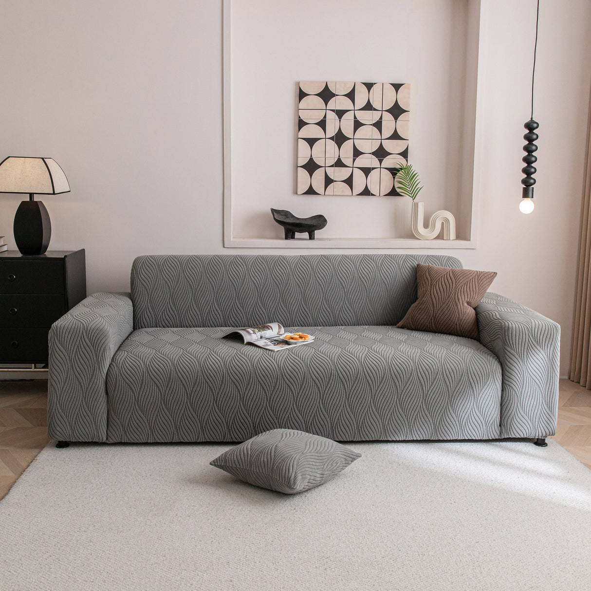 Modern Wavy Jacquard Sofa Slipcover, High Stretch Sofa Cover with 3D Organic Texture