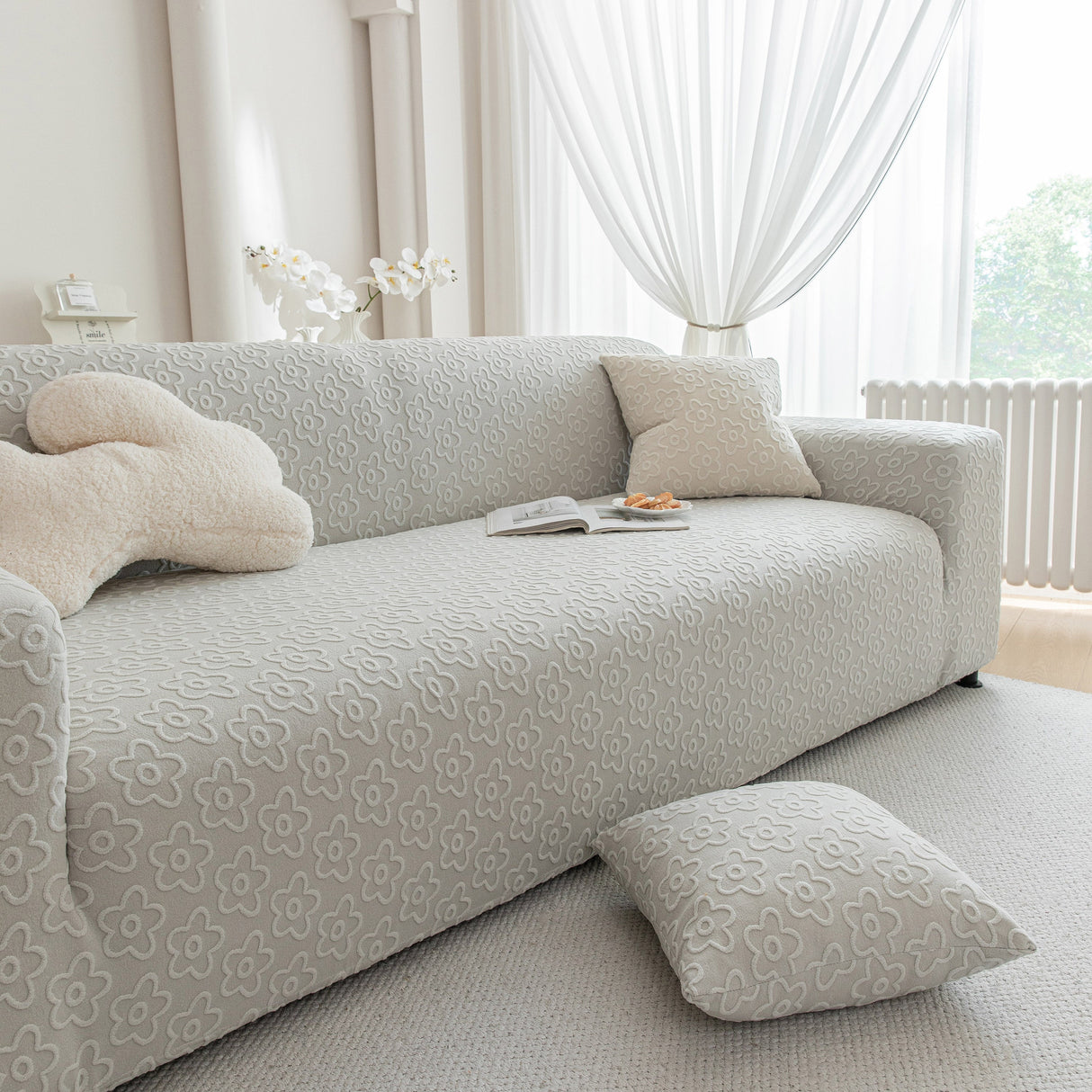 High Stretch Jacquard Sofa Slipcover, Soft Spandex Textured Floral Couch Cover