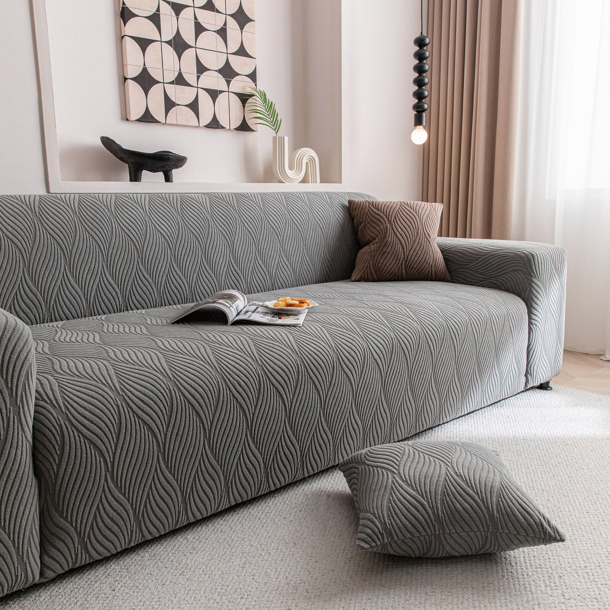 Modern Wavy Jacquard Sofa Slipcover, High Stretch Sofa Cover with 3D Organic Texture