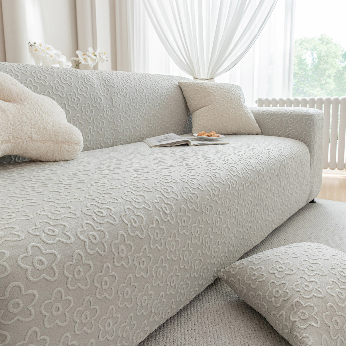 High Stretch Jacquard Sofa Slipcover, Soft Spandex Textured Floral Couch Cover