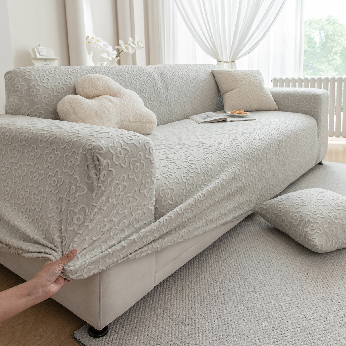 High Stretch Jacquard Sofa Slipcover, Soft Spandex Textured Floral Couch Cover