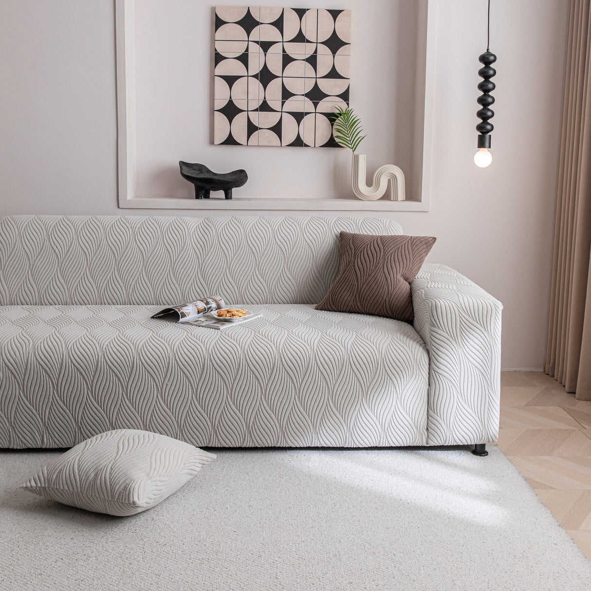 Modern Wavy Jacquard Sofa Slipcover, High Stretch Sofa Cover with 3D Organic Texture