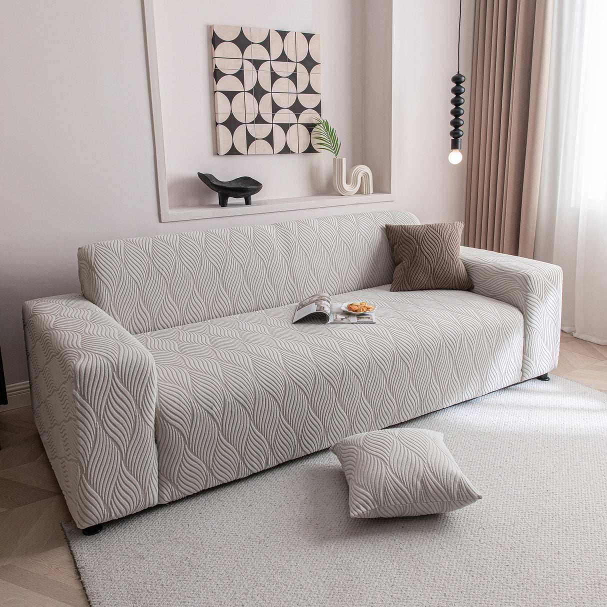 Modern Wavy Jacquard Sofa Slipcover, High Stretch Sofa Cover with 3D Organic Texture