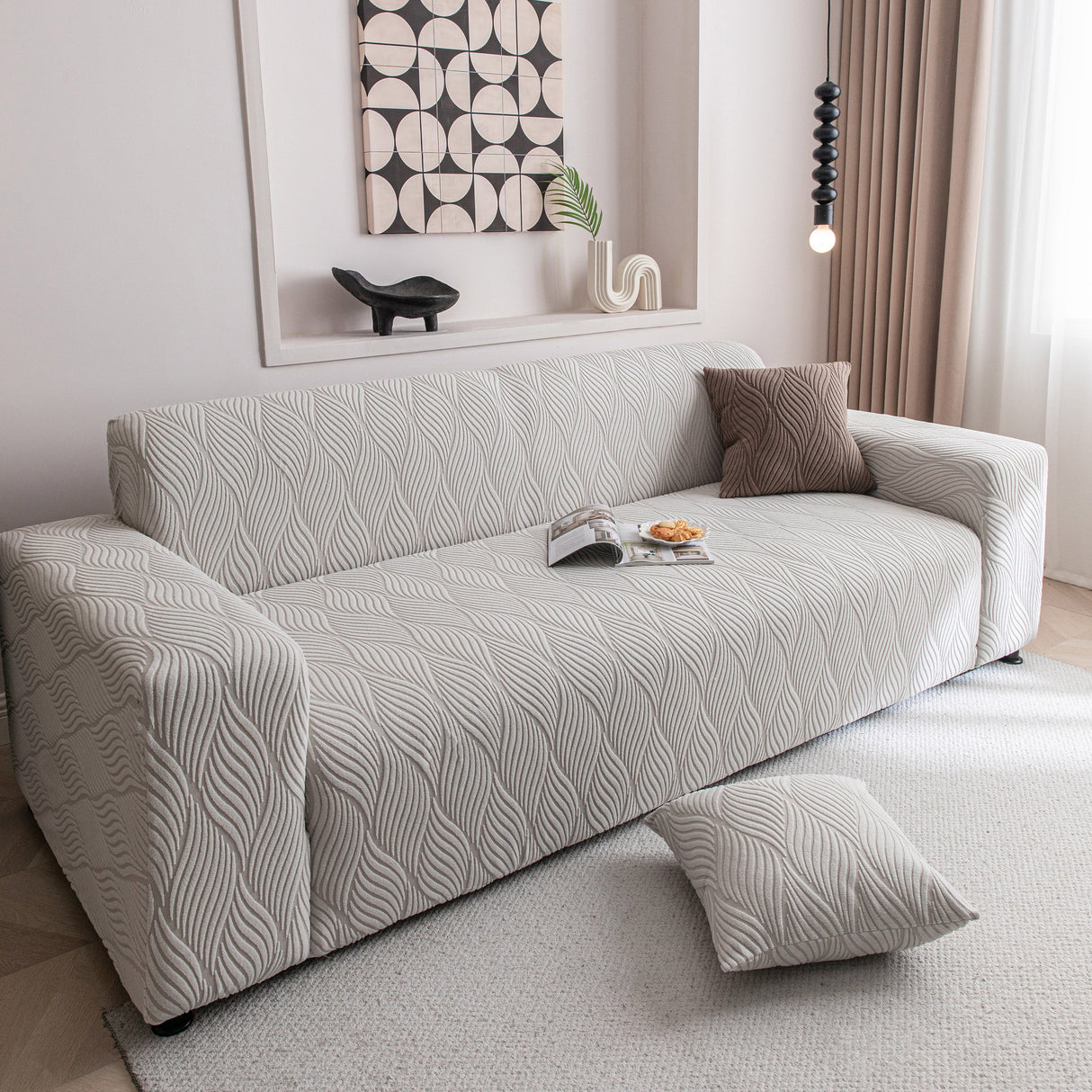 Modern Wavy Jacquard Sofa Slipcover, High Stretch Sofa Cover with 3D Organic Texture