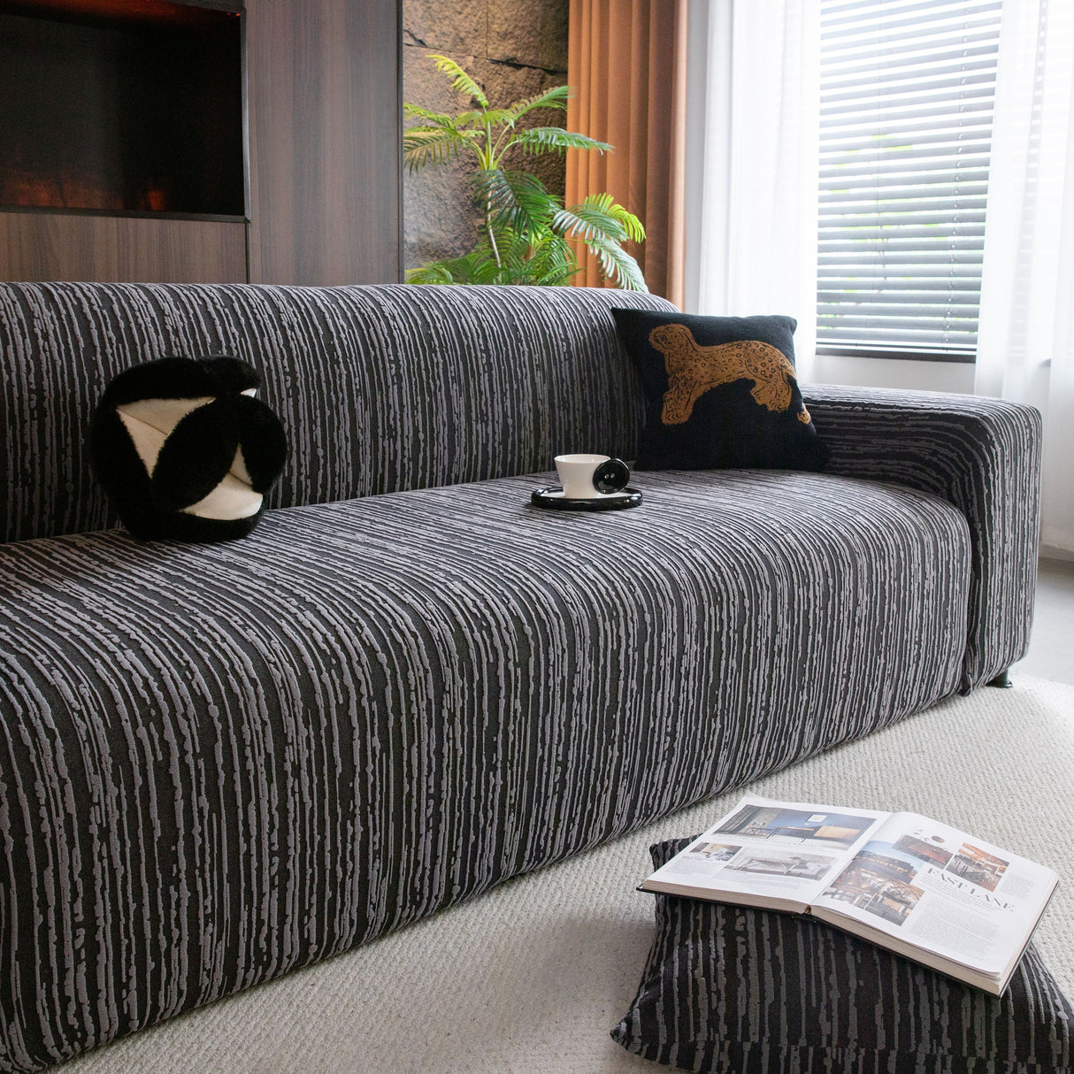 High Stretch Couch Slipcover with Abstract Stripe, Washable Non-Slip Cover for Dogs