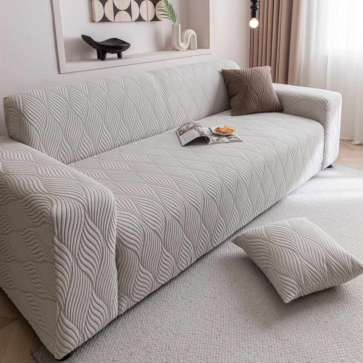 Modern Wavy Jacquard Sofa Slipcover, High Stretch Sofa Cover with 3D Organic Texture