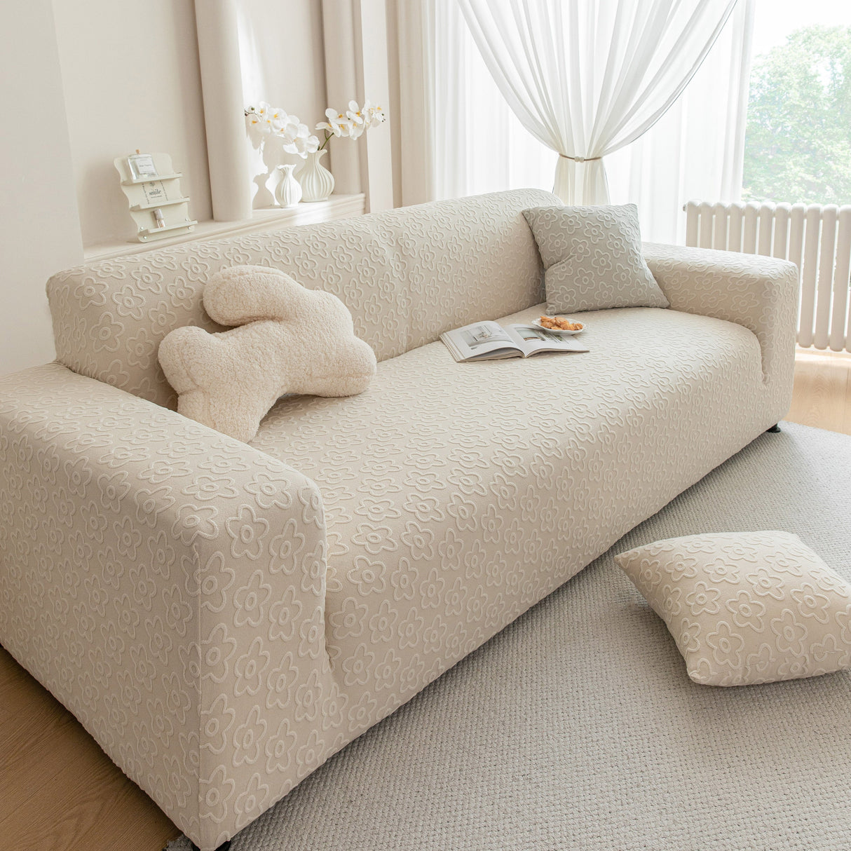 High Stretch Jacquard Sofa Slipcover, Soft Spandex Textured Floral Couch Cover