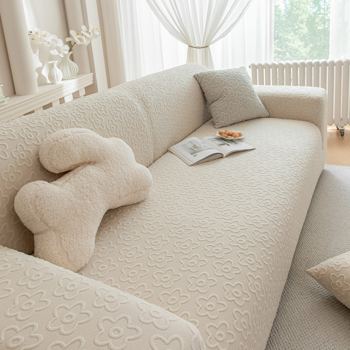 High Stretch Jacquard Sofa Slipcover, Soft Spandex Textured Floral Couch Cover