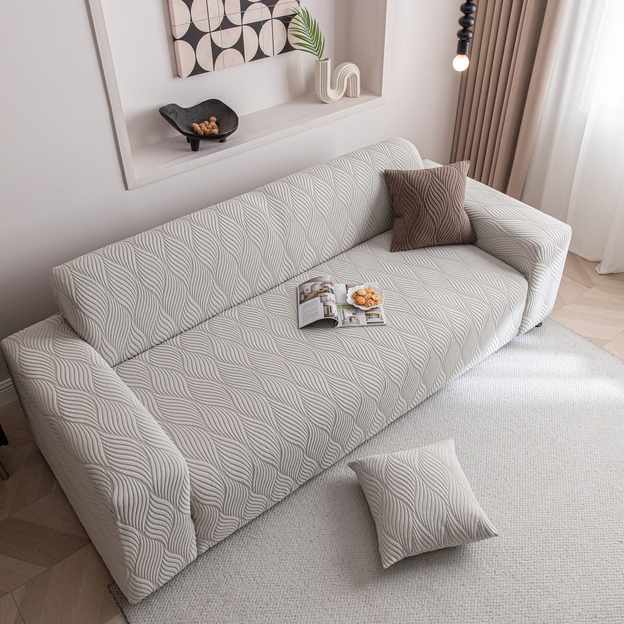 Modern Wavy Jacquard Sofa Slipcover, High Stretch Sofa Cover with 3D Organic Texture