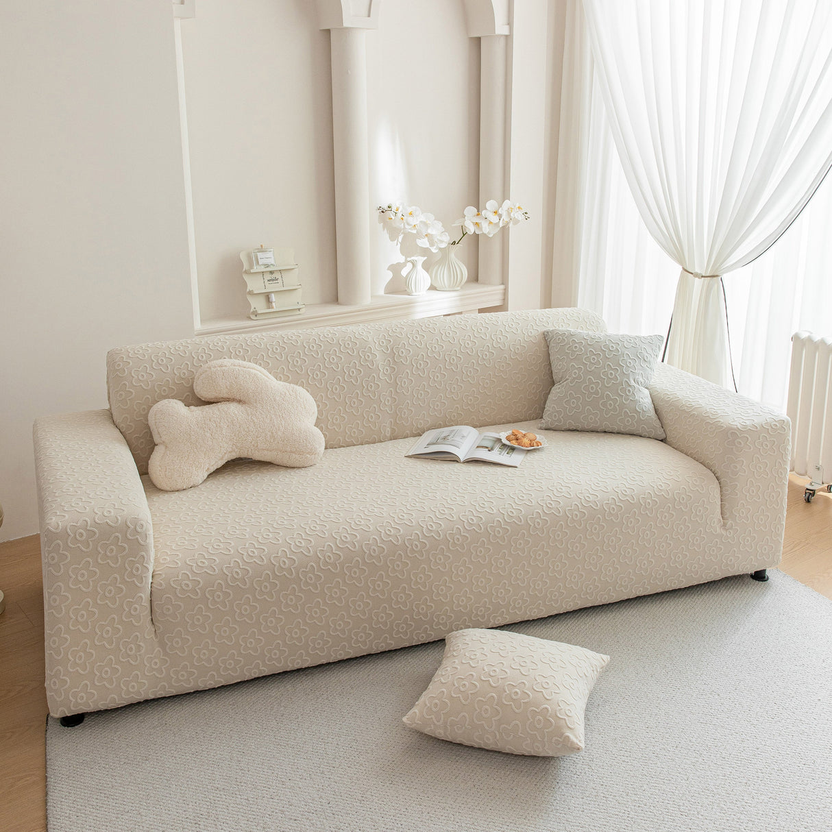 High Stretch Jacquard Sofa Slipcover, Soft Spandex Textured Floral Couch Cover