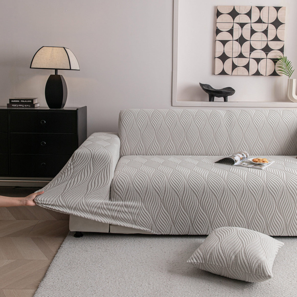 Modern Wavy Jacquard Sofa Slipcover, High Stretch Sofa Cover with 3D Organic Texture