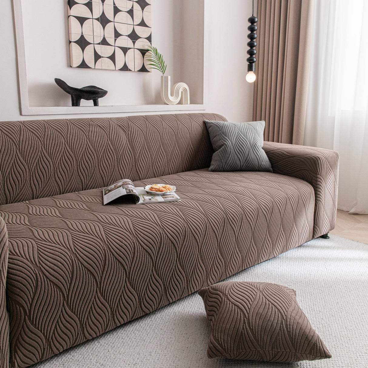 Modern Wavy Jacquard Sofa Slipcover, High Stretch Sofa Cover with 3D Organic Texture