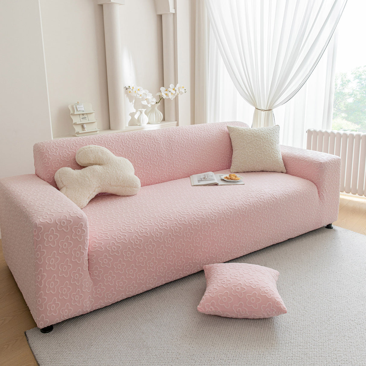 High Stretch Jacquard Sofa Slipcover, Soft Spandex Textured Floral Couch Cover