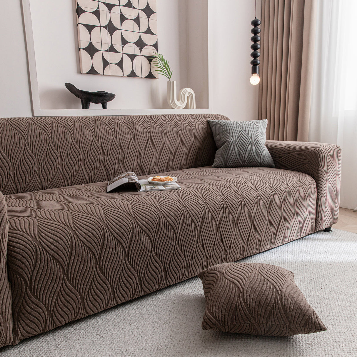 Modern Wavy Jacquard Sofa Slipcover, High Stretch Sofa Cover with 3D Organic Texture