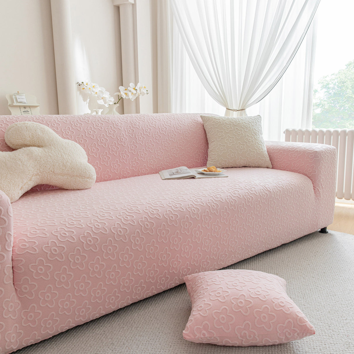 High Stretch Jacquard Sofa Slipcover, Soft Spandex Textured Floral Couch Cover