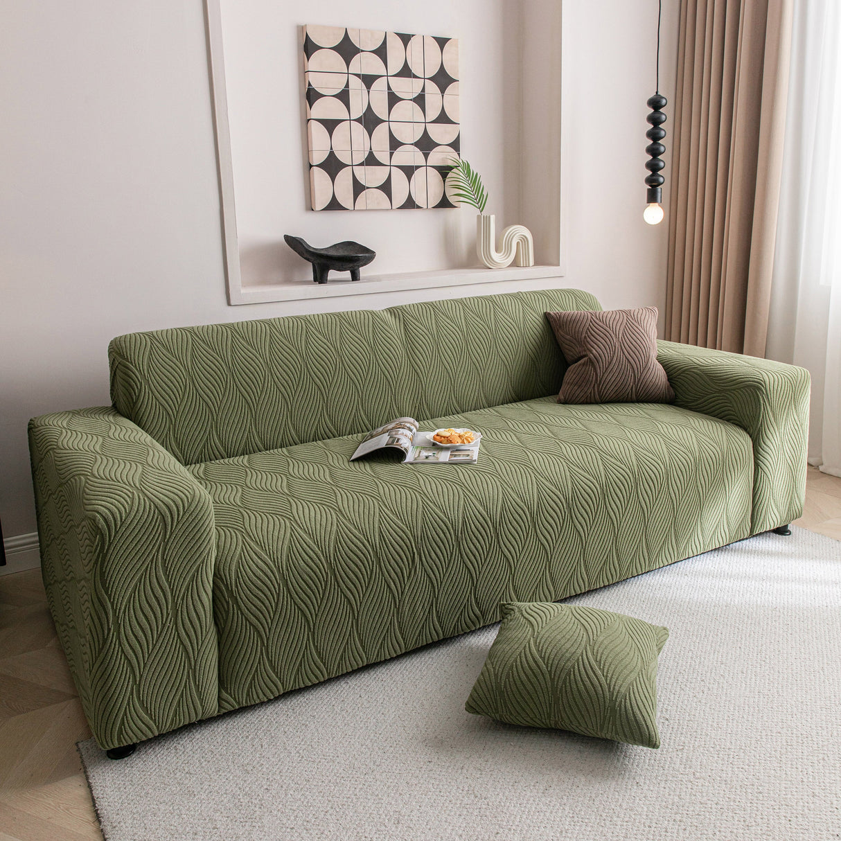 Modern Wavy Jacquard Sofa Slipcover, High Stretch Sofa Cover with 3D Organic Texture
