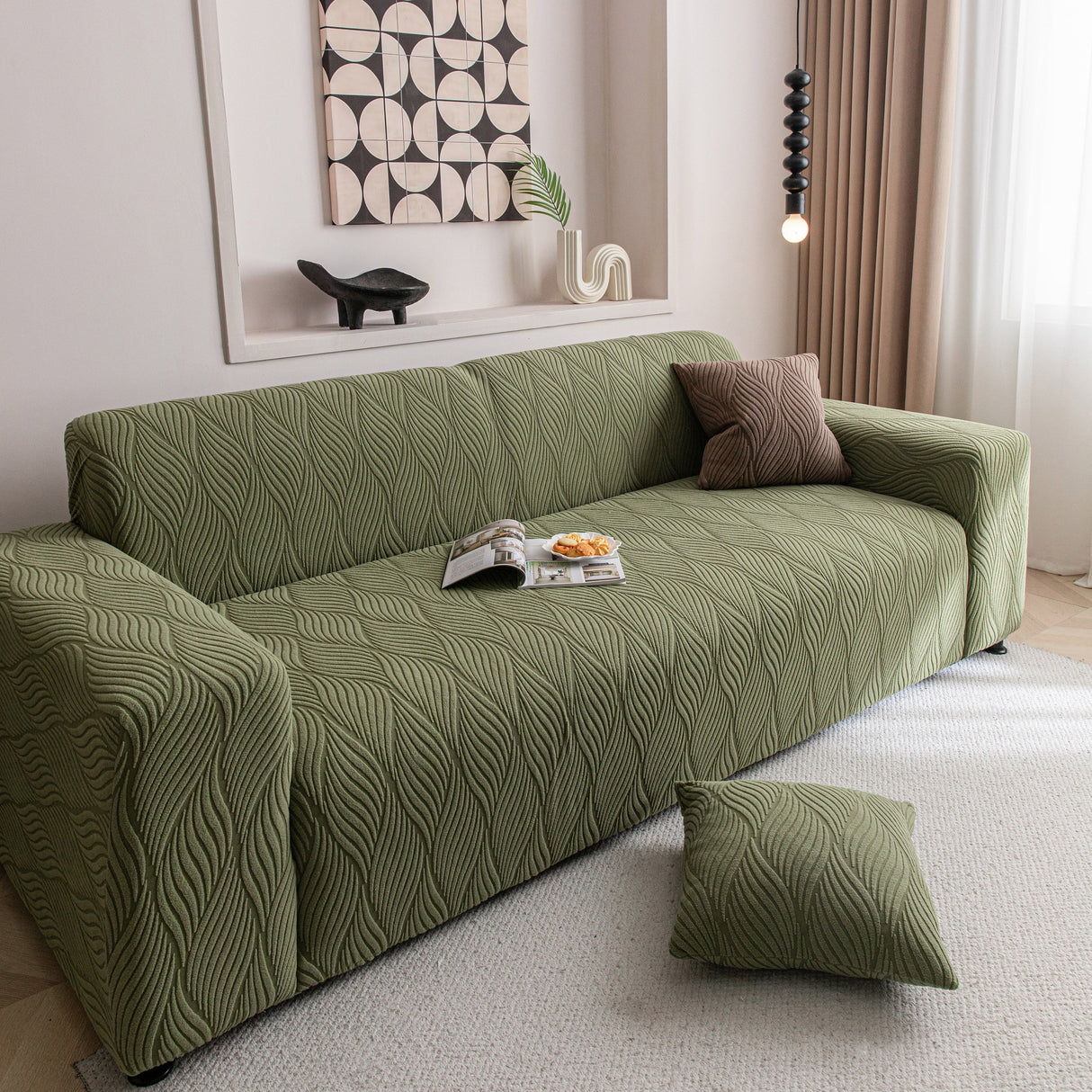 Modern Wavy Jacquard Sofa Slipcover, High Stretch Sofa Cover with 3D Organic Texture