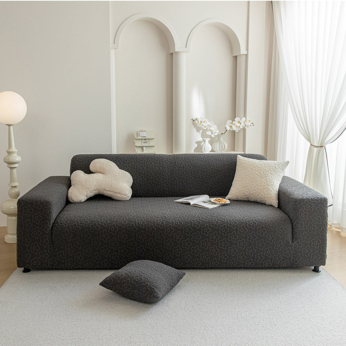 High Stretch Jacquard Sofa Slipcover, Soft Spandex Textured Floral Couch Cover