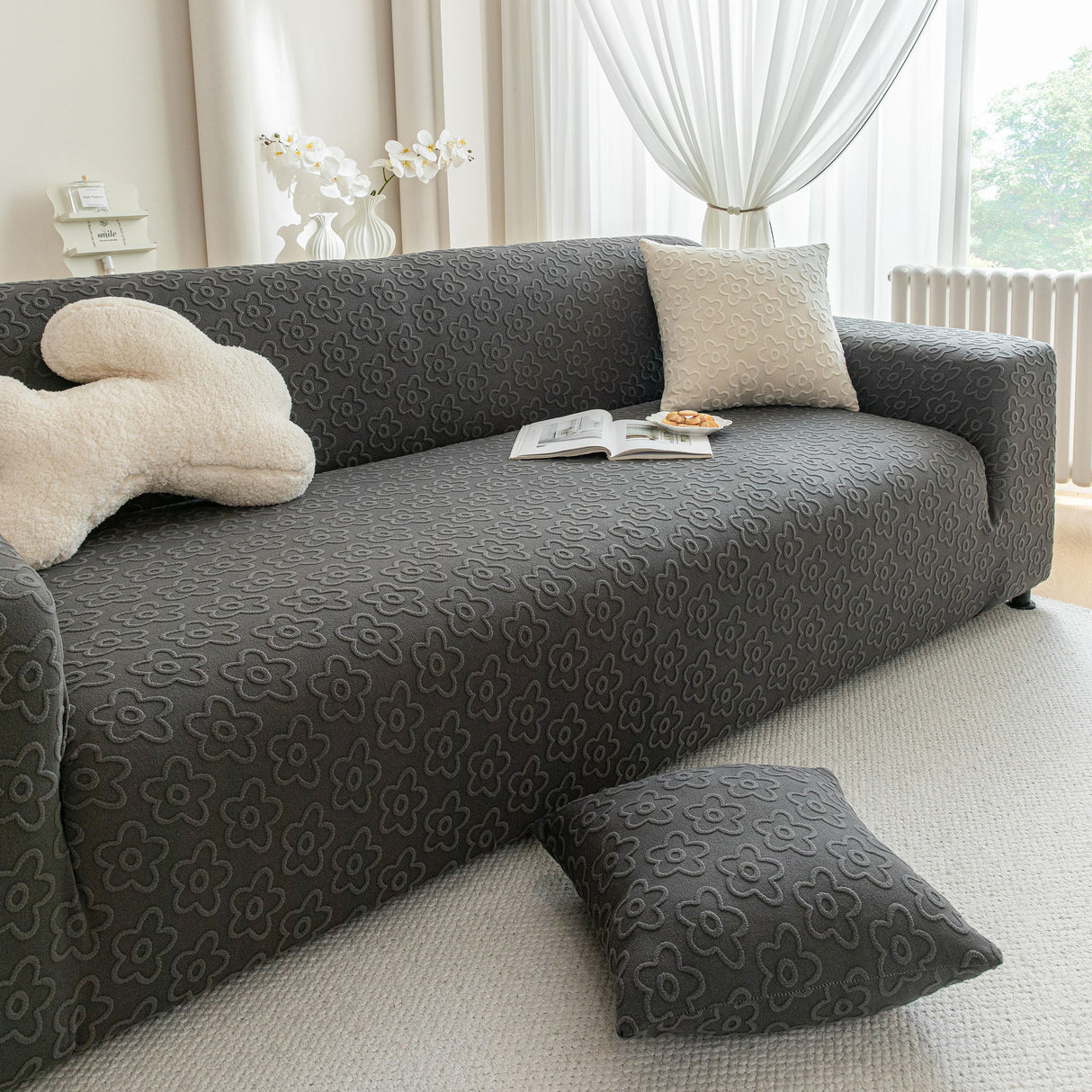 High Stretch Jacquard Sofa Slipcover, Soft Spandex Textured Floral Couch Cover