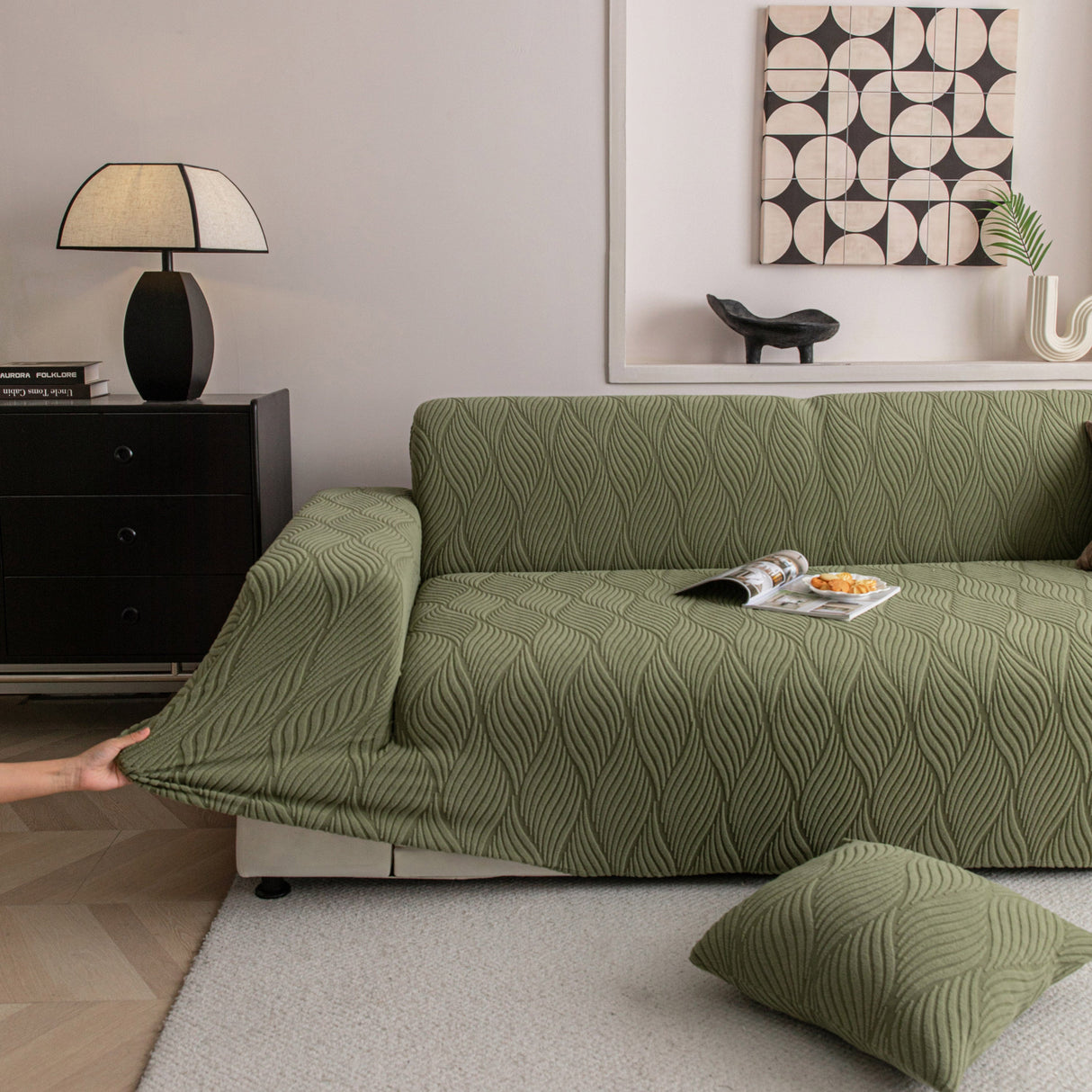 Modern Wavy Jacquard Sofa Slipcover, High Stretch Sofa Cover with 3D Organic Texture