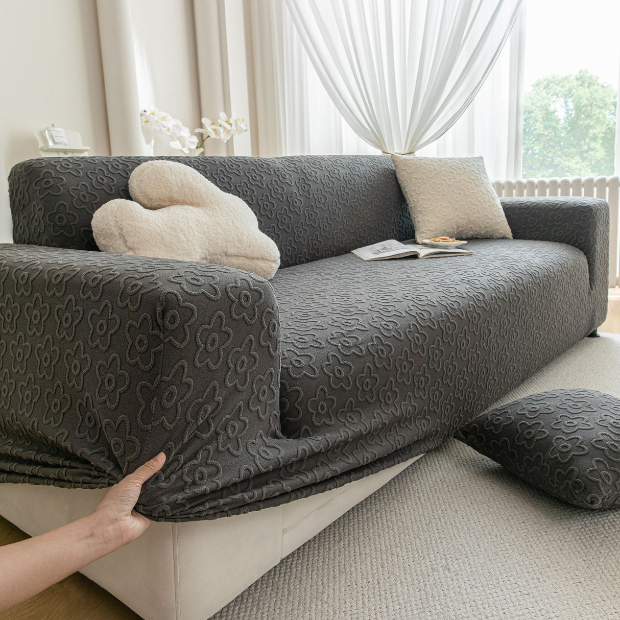 High Stretch Jacquard Sofa Slipcover, Soft Spandex Textured Floral Couch Cover