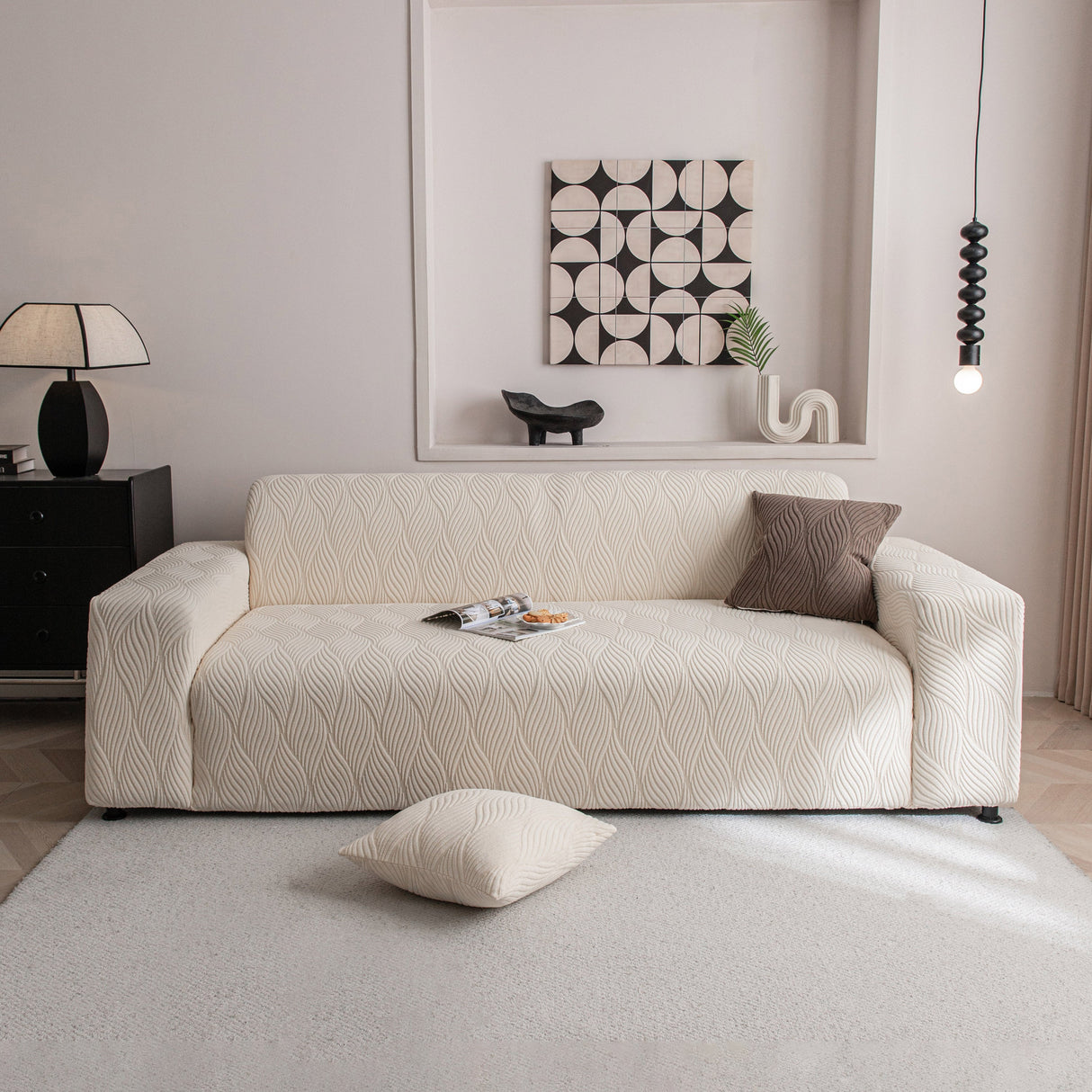 Modern Wavy Jacquard Sofa Slipcover, High Stretch Sofa Cover with 3D Organic Texture