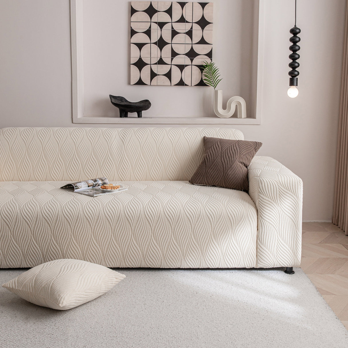 Modern Wavy Jacquard Sofa Slipcover, High Stretch Sofa Cover with 3D Organic Texture