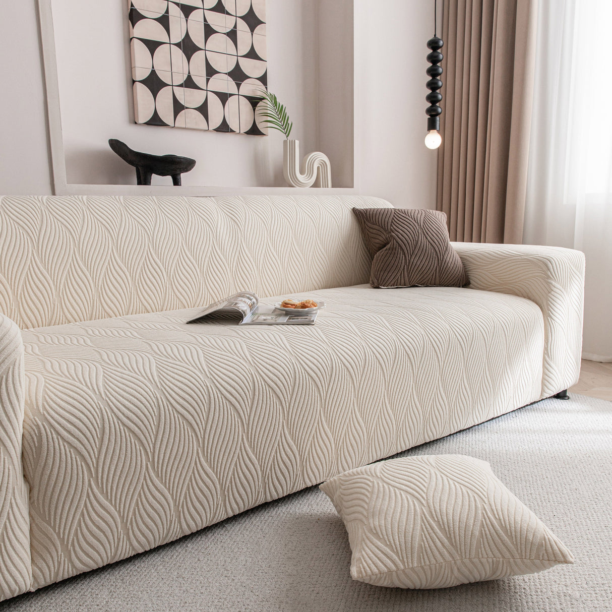 Modern Wavy Jacquard Sofa Slipcover, High Stretch Sofa Cover with 3D Organic Texture