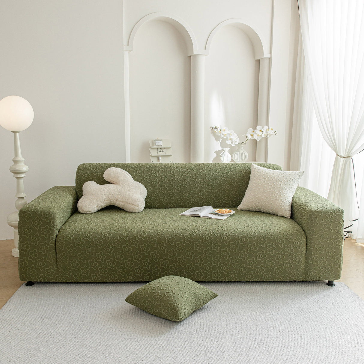 High Stretch Jacquard Sofa Slipcover, Soft Spandex Textured Floral Couch Cover