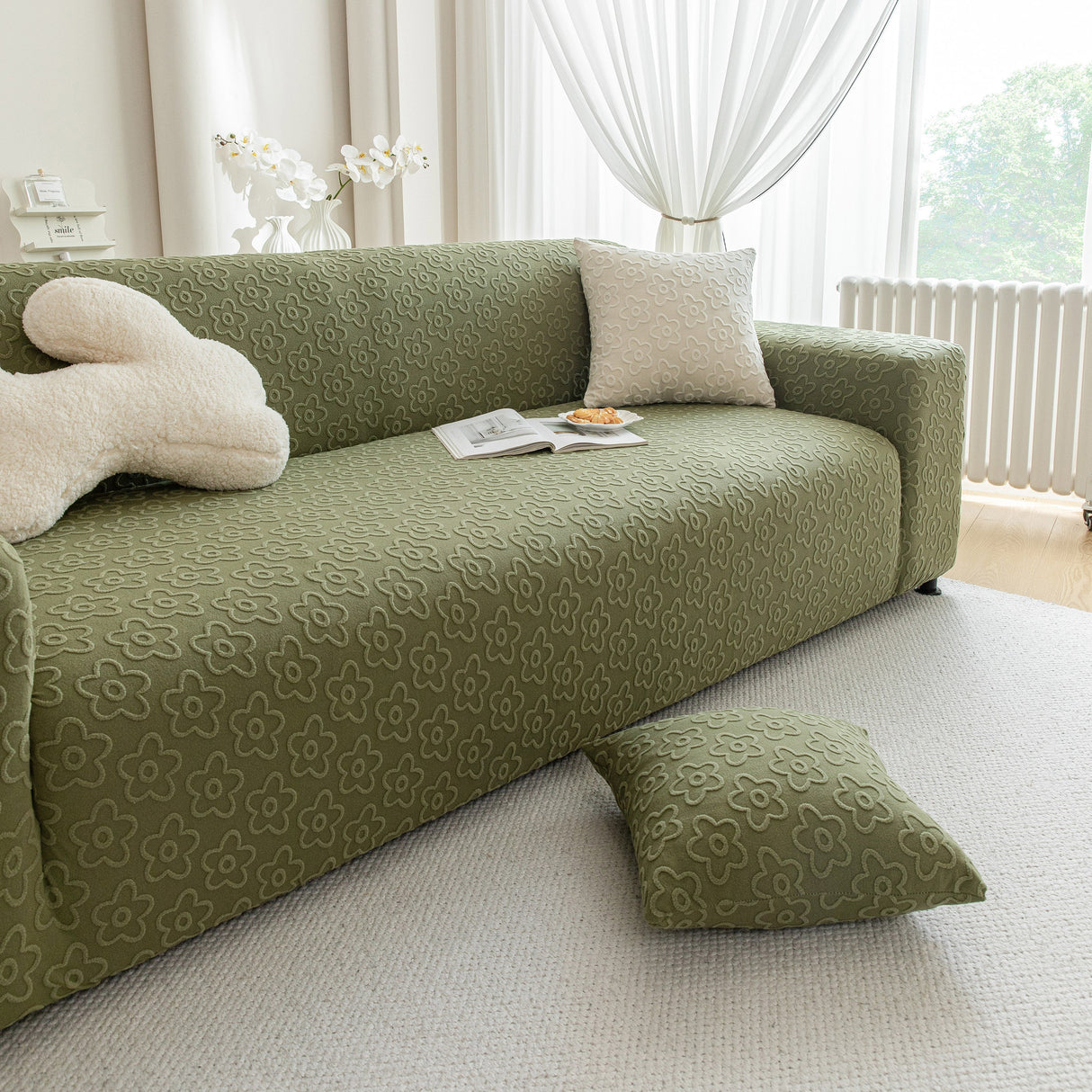 High Stretch Jacquard Sofa Slipcover, Soft Spandex Textured Floral Couch Cover