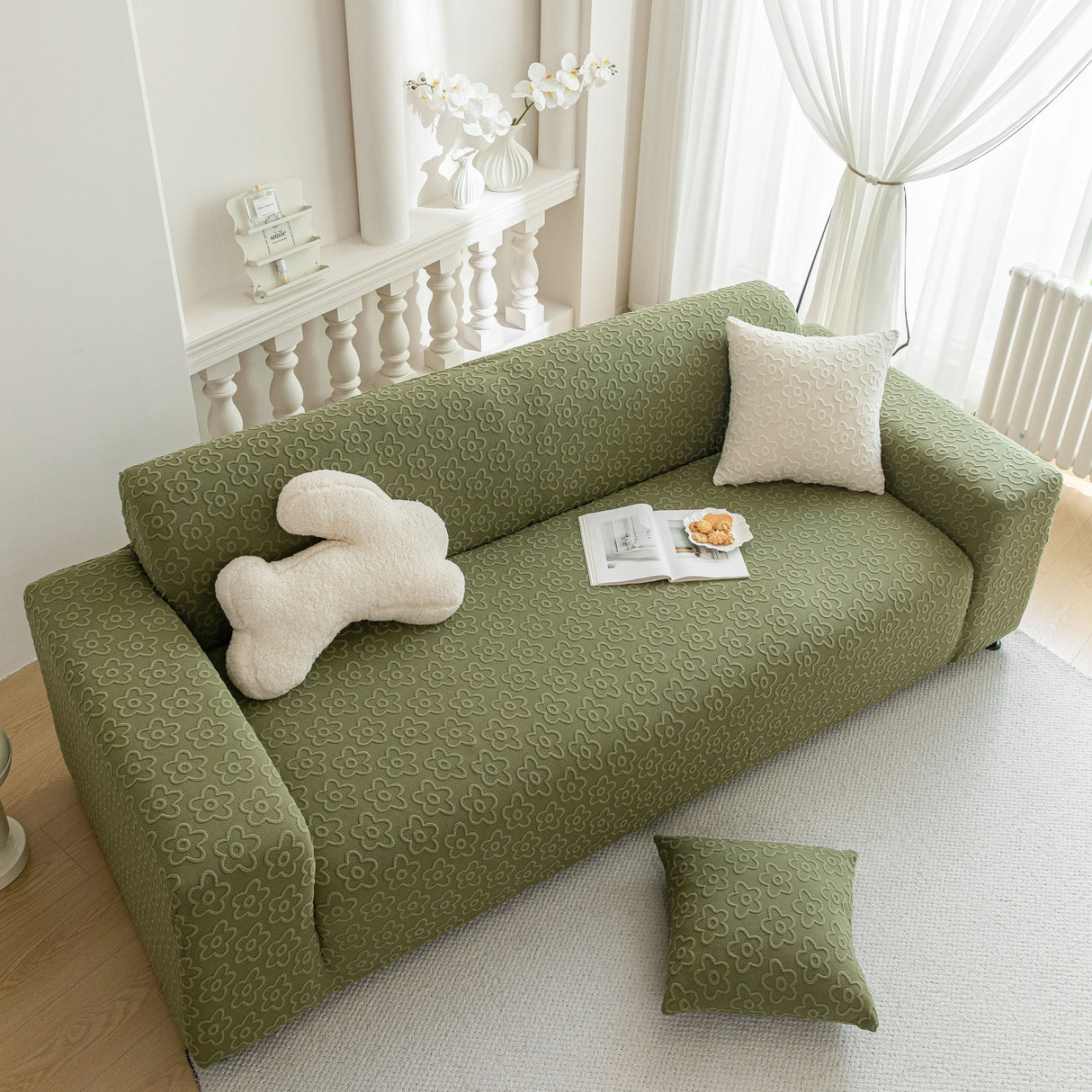 High Stretch Jacquard Sofa Slipcover, Soft Spandex Textured Floral Couch Cover