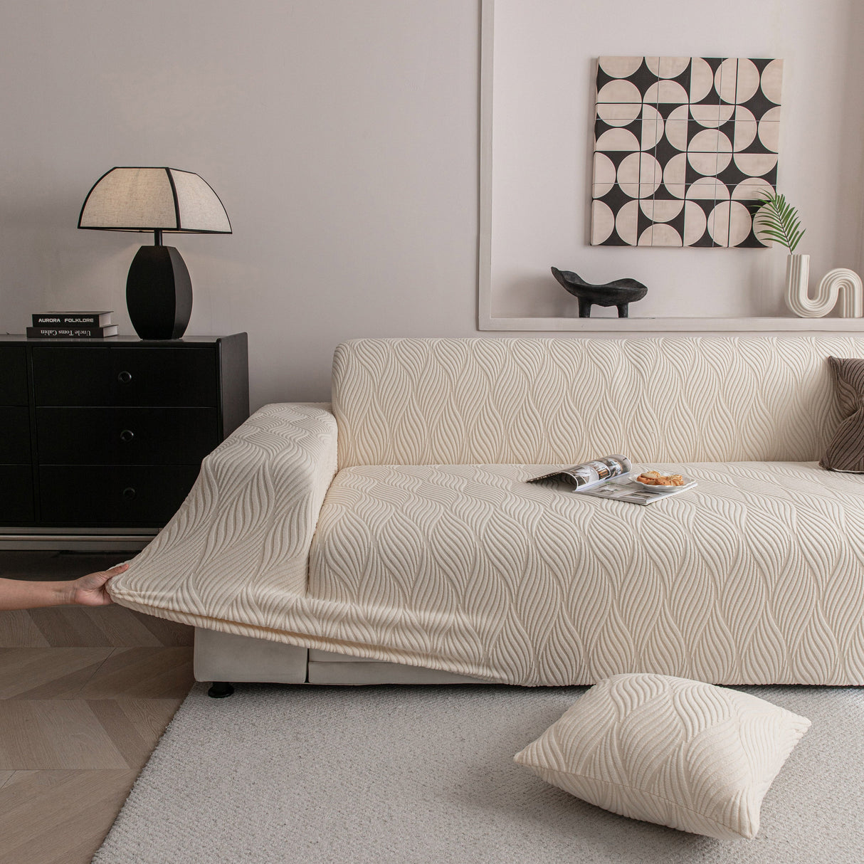 Modern Wavy Jacquard Sofa Slipcover, High Stretch Sofa Cover with 3D Organic Texture