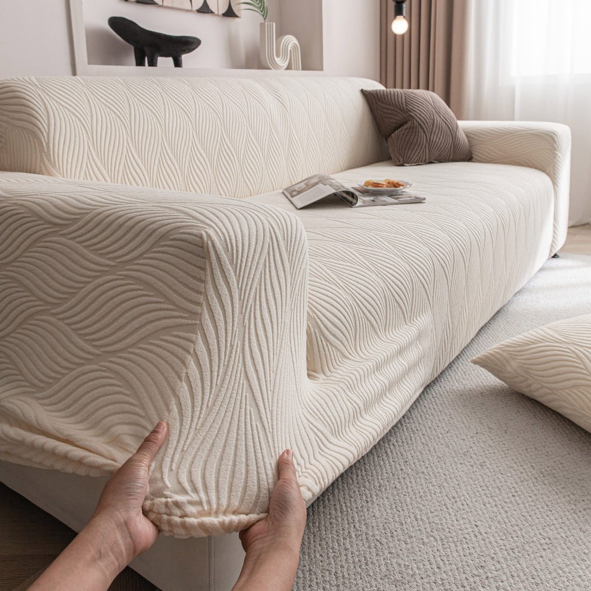 Modern Wavy Jacquard Sofa Slipcover, High Stretch Sofa Cover with 3D Organic Texture