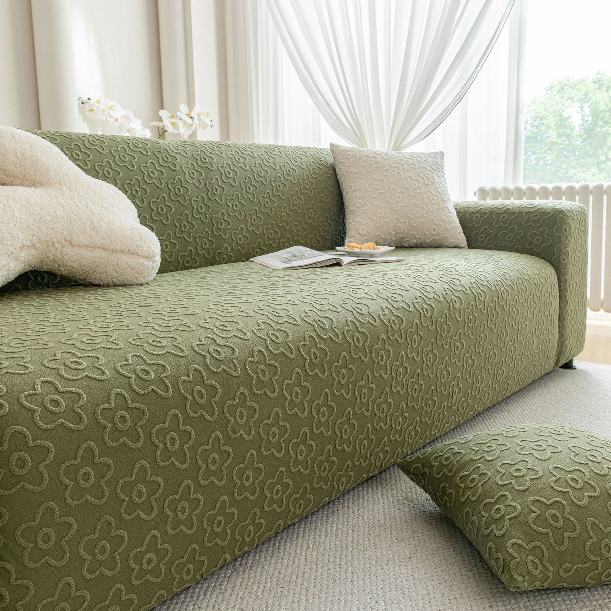 High Stretch Jacquard Sofa Slipcover, Soft Spandex Textured Floral Couch Cover