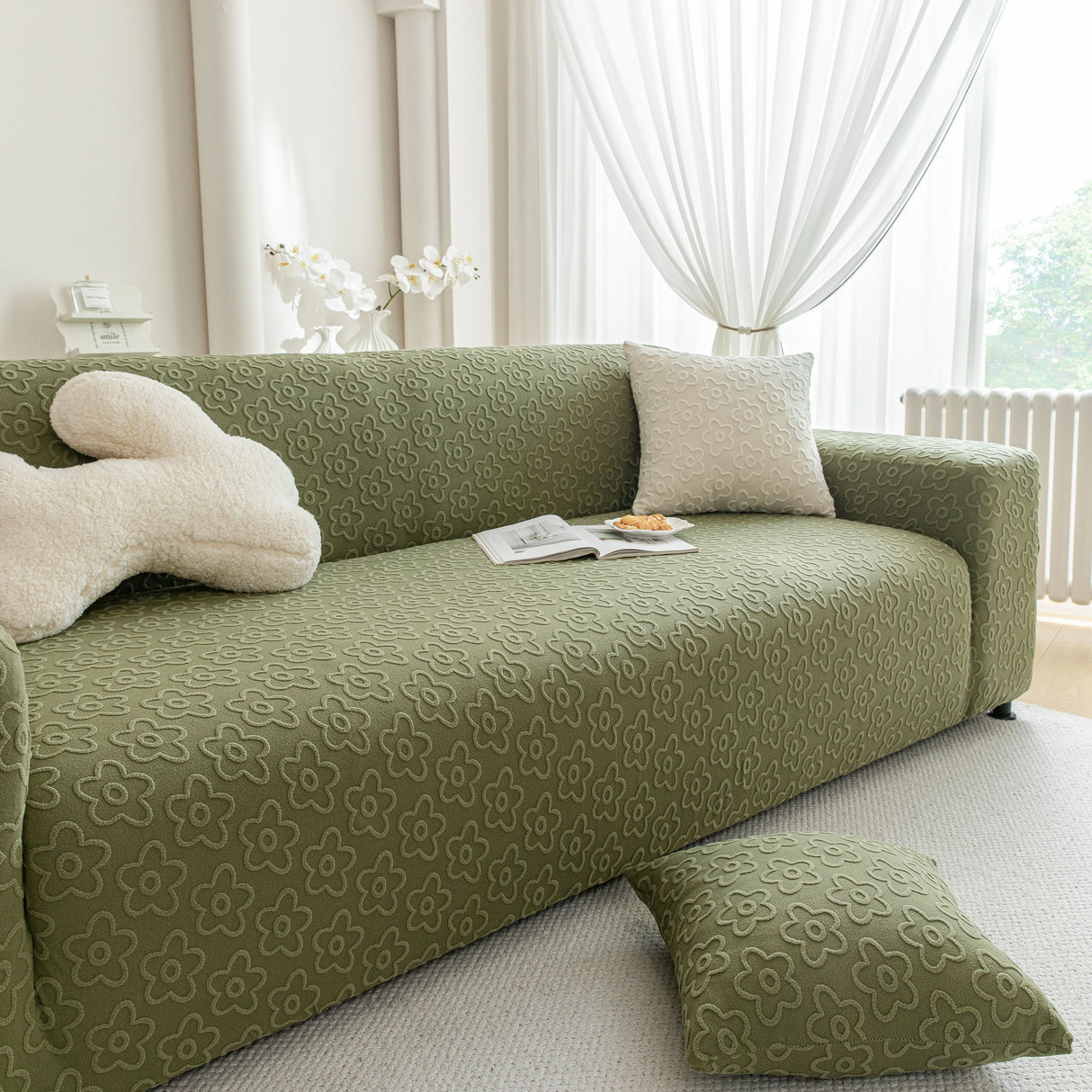 High Stretch Jacquard Sofa Slipcover, Soft Spandex Textured Floral Couch Cover