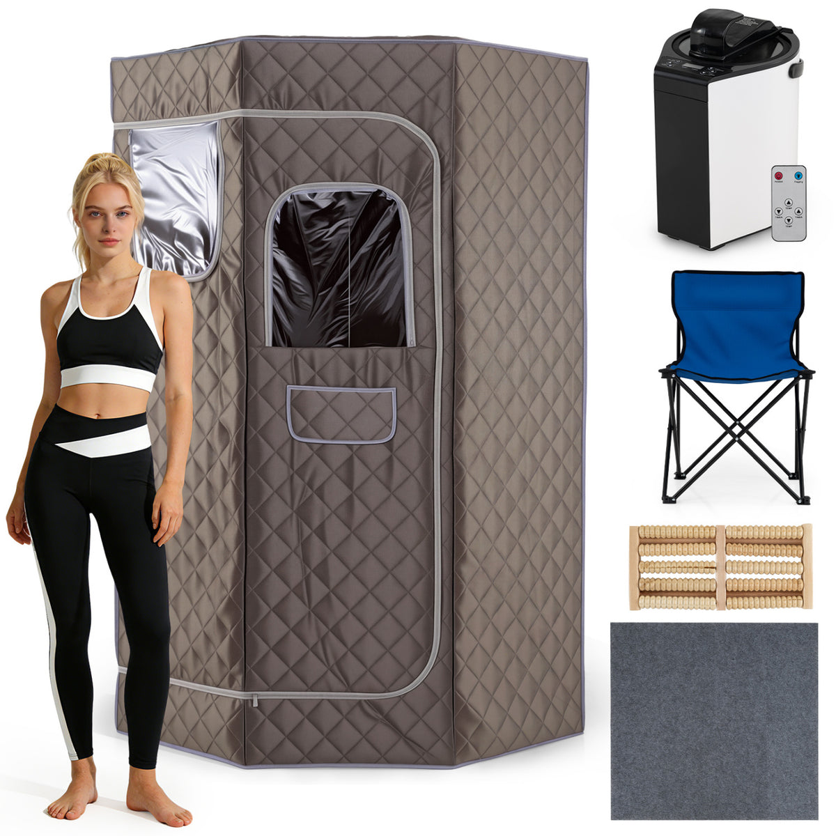 3L Portable Steam Sauna for Home Fast-Heat with 9-Level Remote Control and Folding Chair-Gray