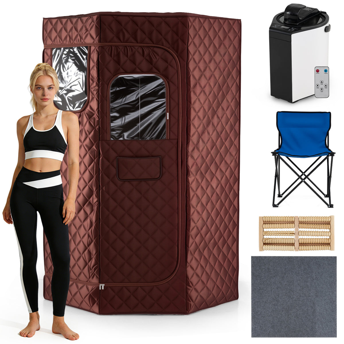 3L Portable Steam Sauna for Home Fast-Heat with 9-Level Remote Control and Folding Chair-Brown