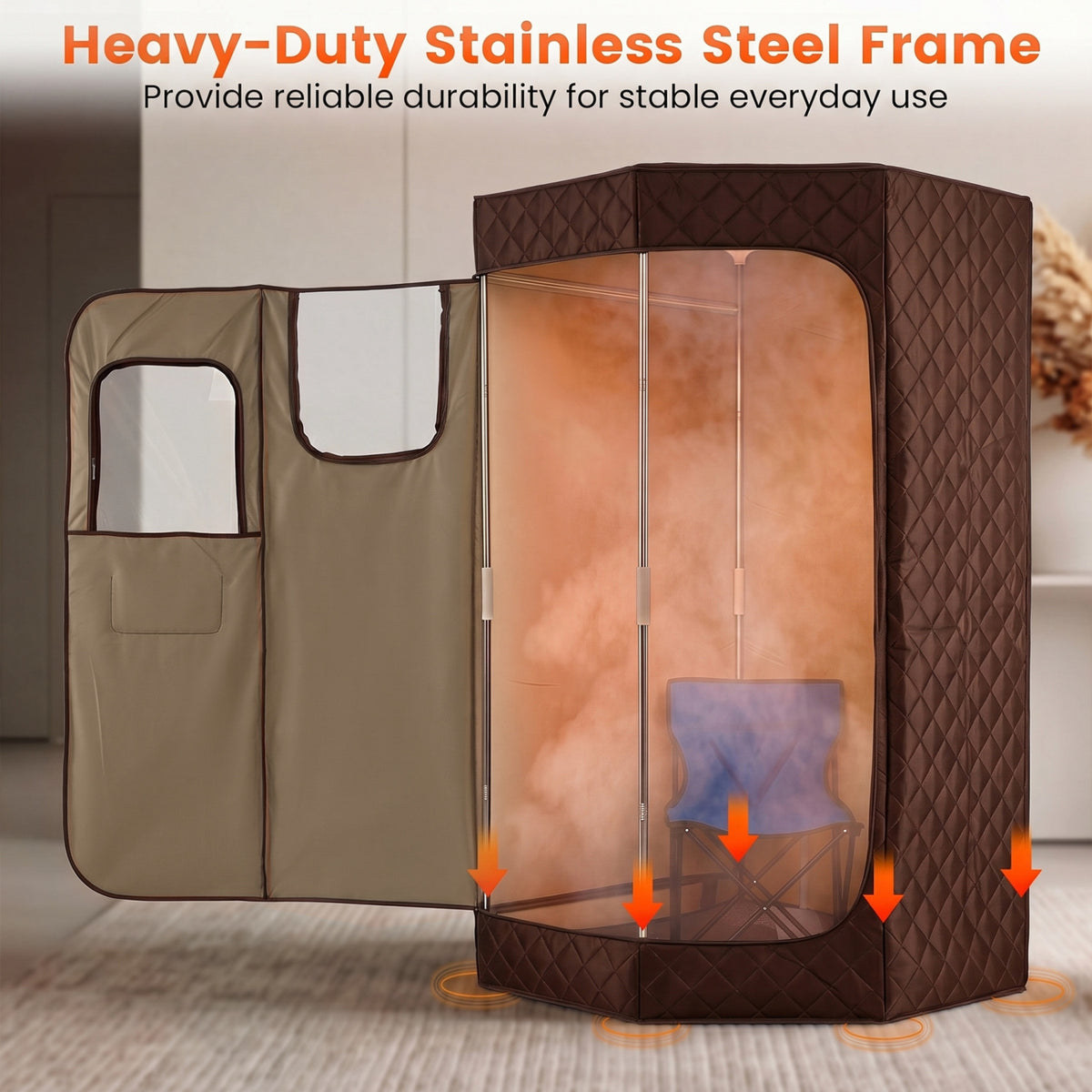 3L Portable Steam Sauna for Home Fast-Heat with 9-Level Remote Control and Folding Chair-Brown